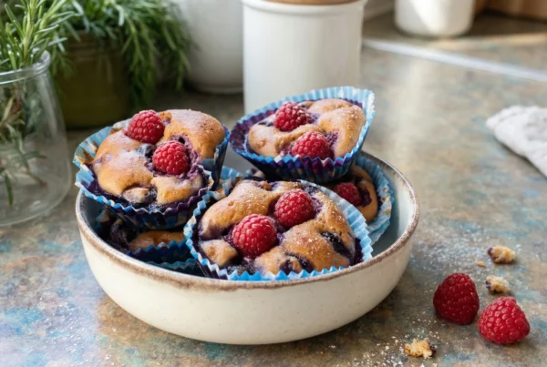Złociste keto muffinki z borówkami i świeżymi malinami podane w ceramicznej miseczce na kamiennym blacie.
