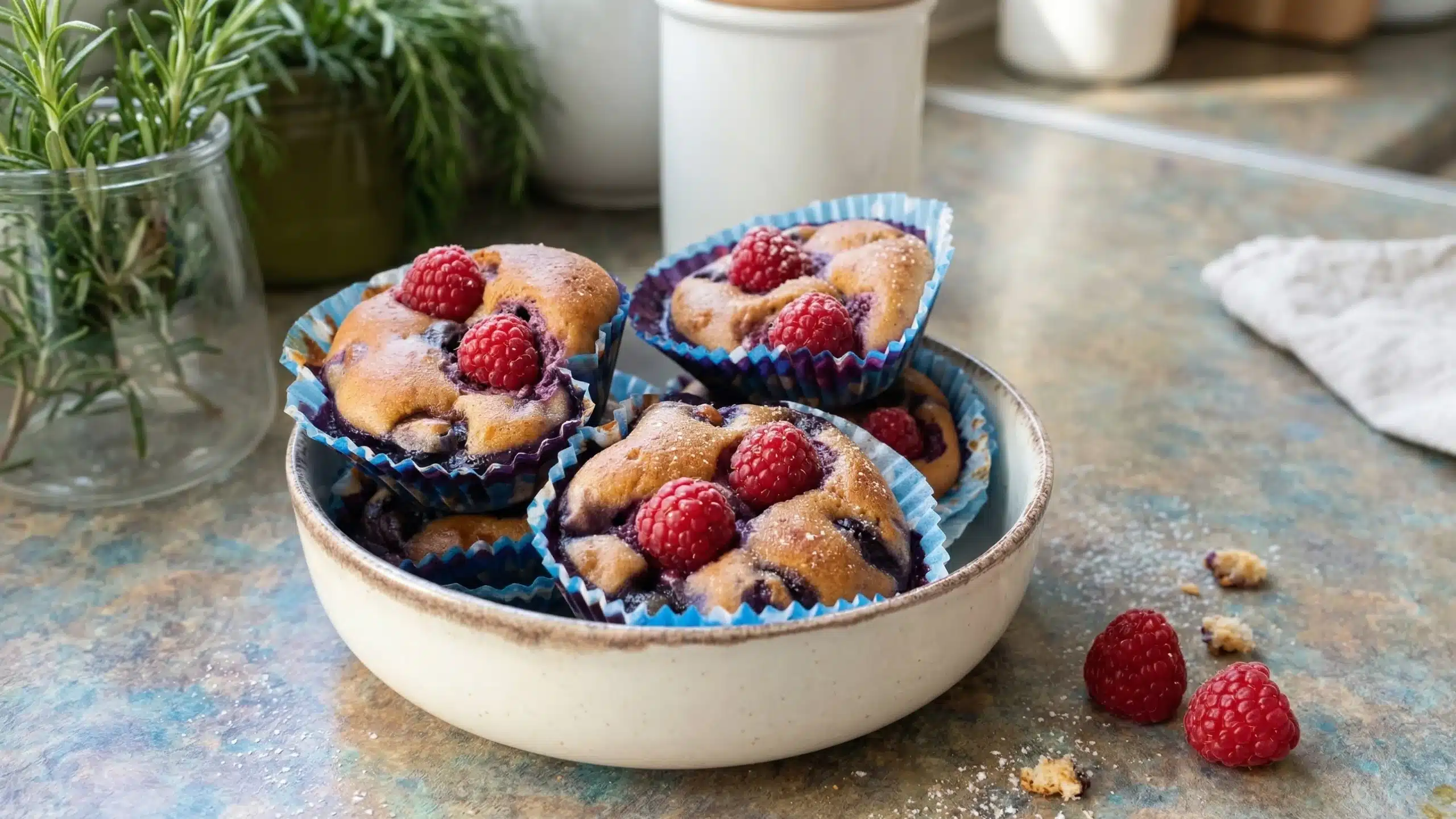 Złociste keto muffinki z borówkami i świeżymi malinami podane w ceramicznej miseczce na kamiennym blacie.
